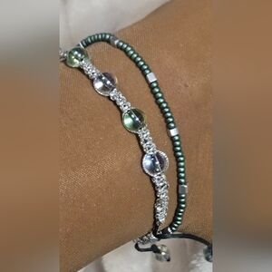 Anklets Silver and Green Beaded Fiber. Adjustable & Strechy Very Cute